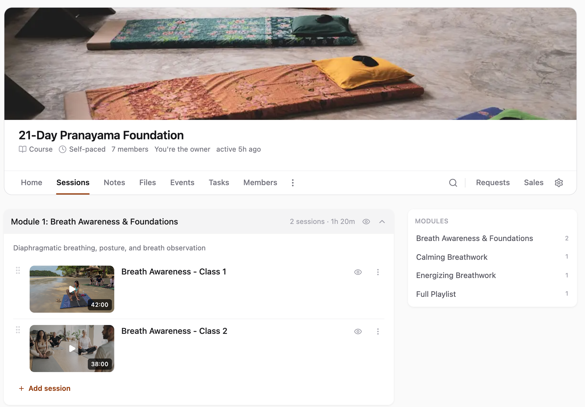 A cohort space for 21-Day Pranayama Foundation: the Sessions tab with modules, video sessions with durations, and a module rail