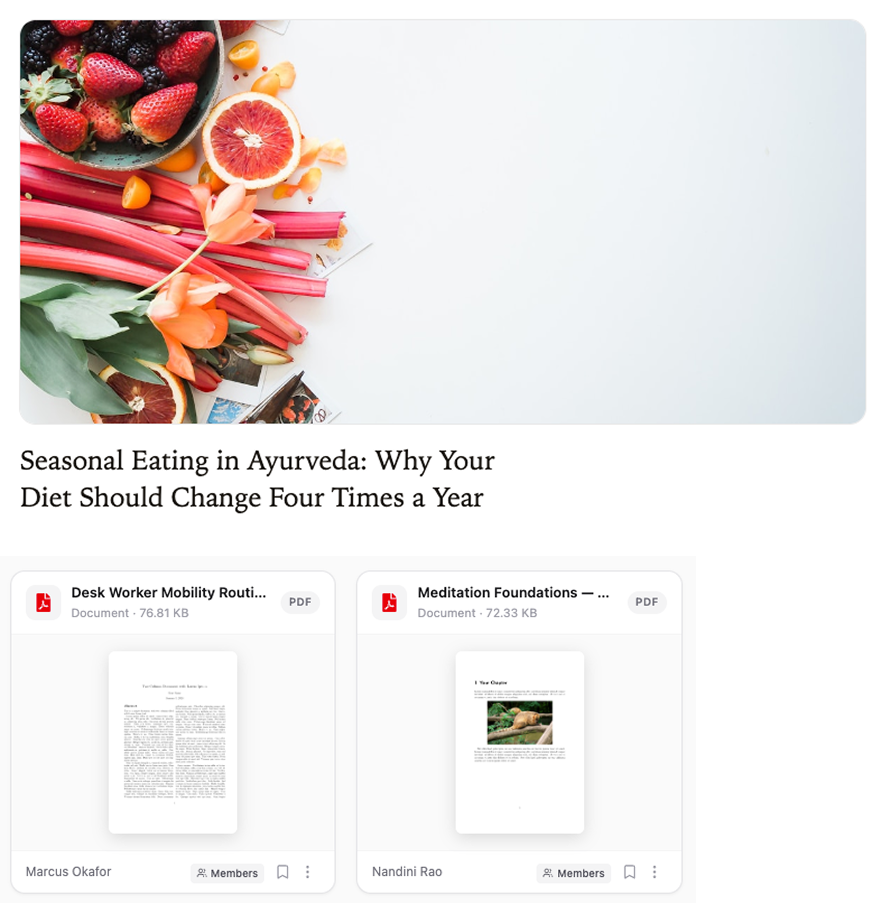 An article on seasonal eating in Ayurveda, with two PDF resources from the library