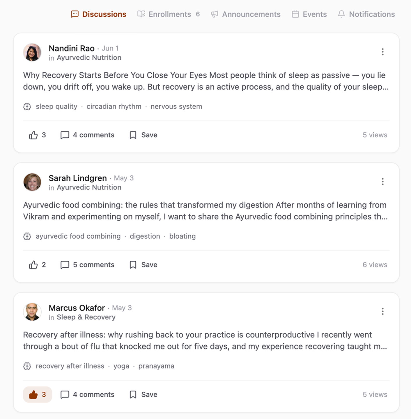 The Discussions feed: members' posts, each with the concepts it discusses named beneath