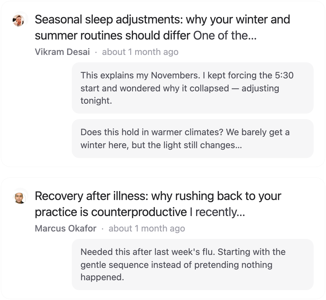 Post threads: member discussions on sleep and recovery, with avatars and replies