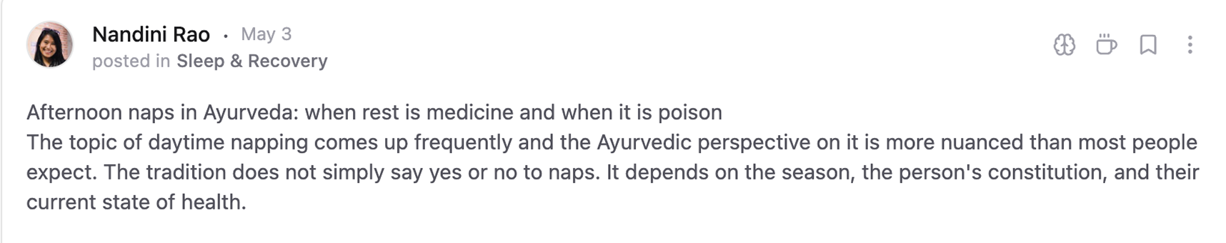 A member's post on afternoon naps in Ayurveda, in the Sleep & Recovery space