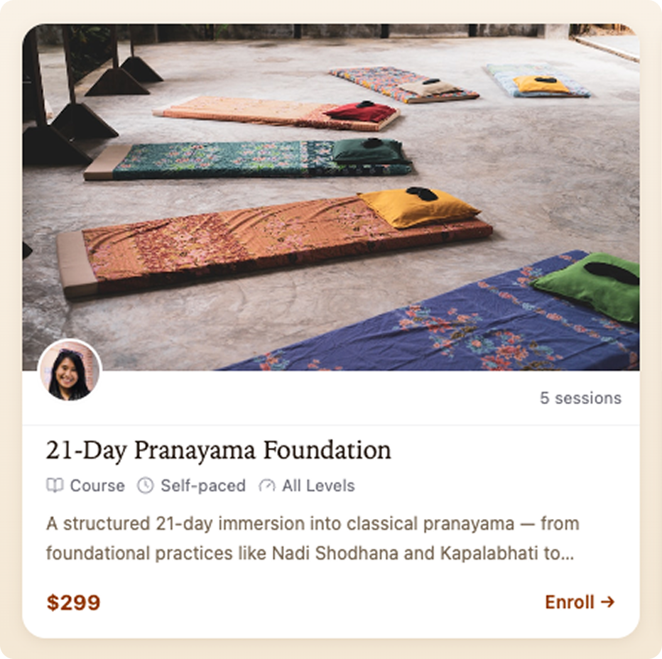 Program card: 21-Day Pranayama Foundation, self-paced course, $299