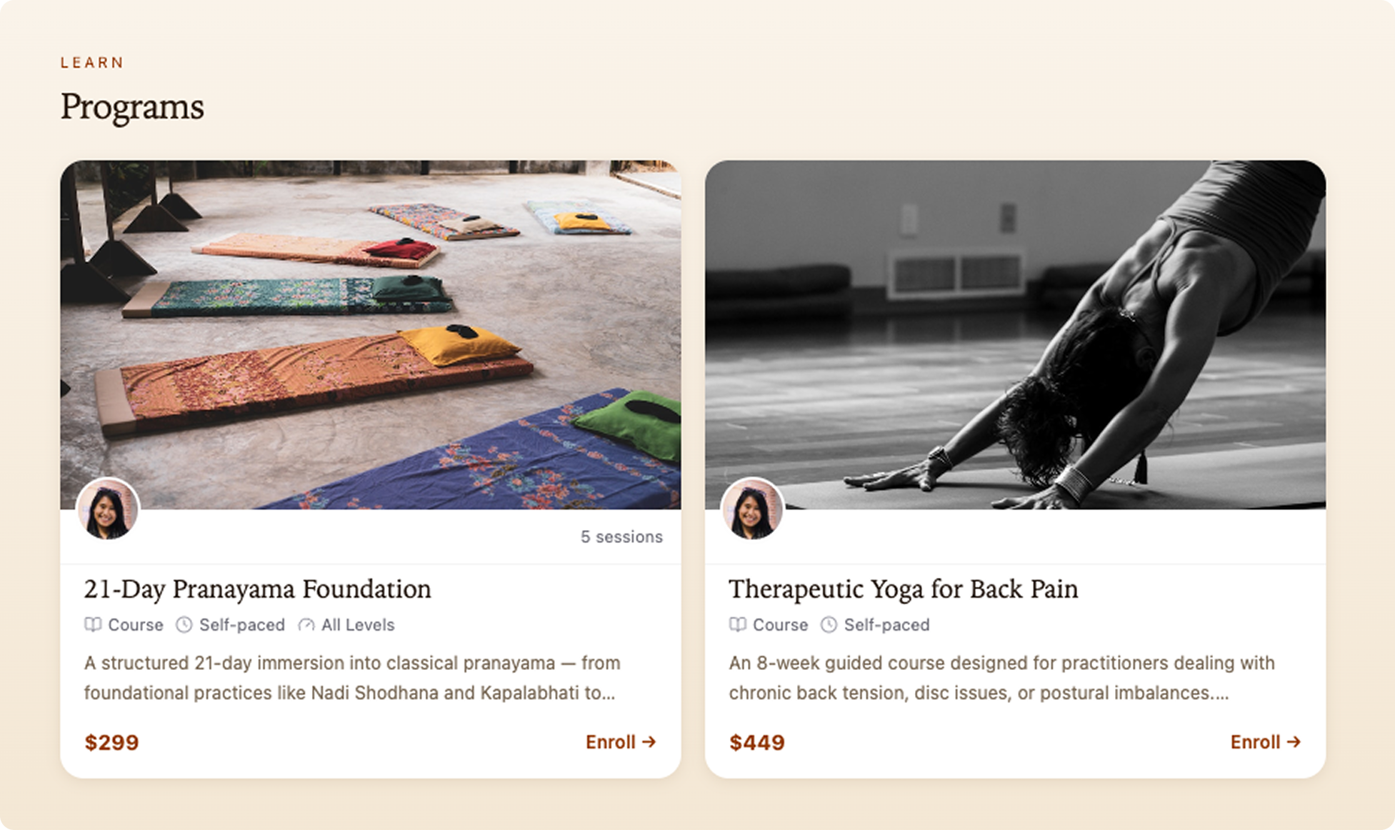 The Programs page: the courses a teacher runs