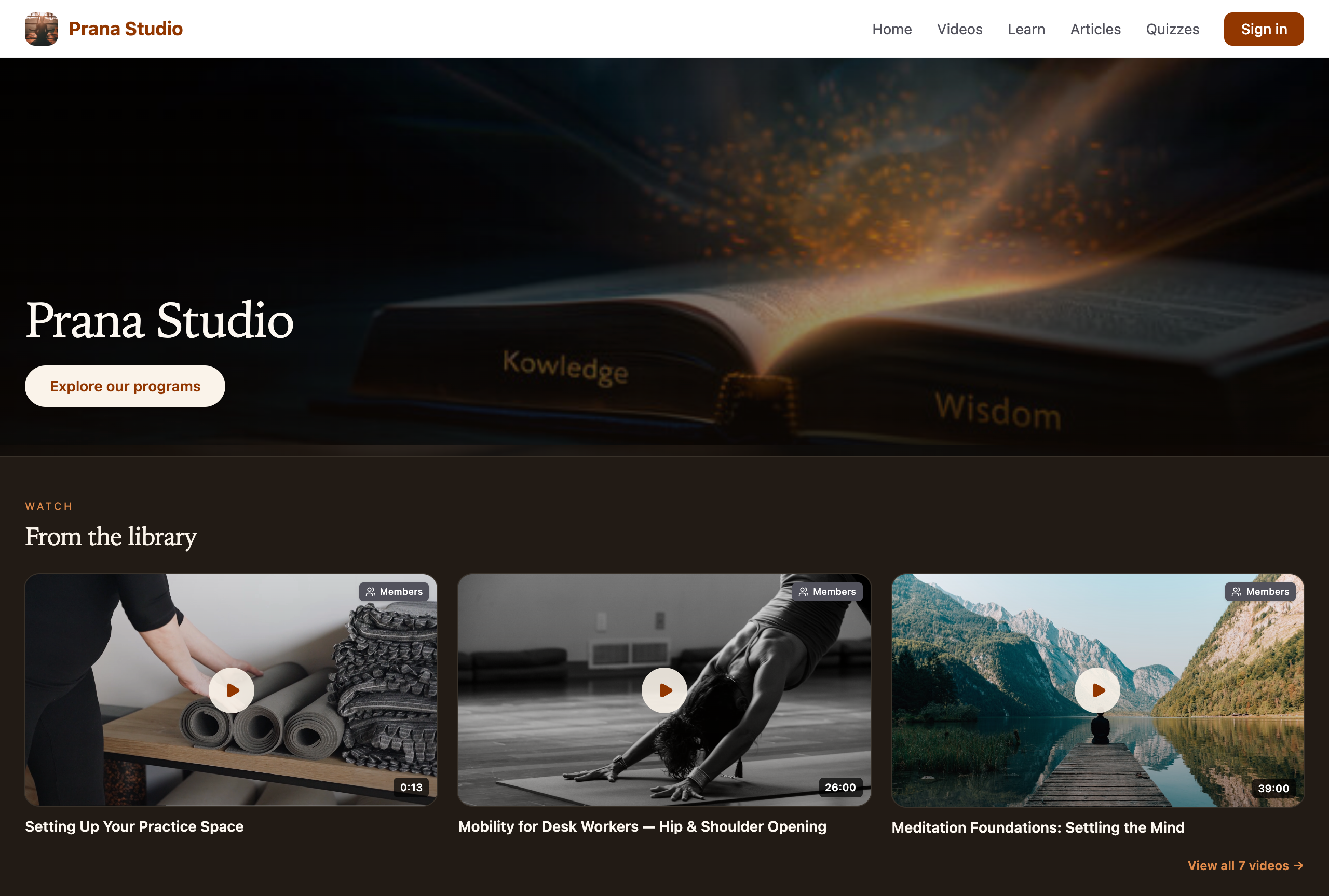 Prana Studio's public home on its own subdomain: branded hero, programs CTA, and a video library row
