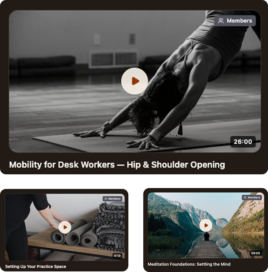 Video cards: Mobility for Desk Workers, practice-space setup, and meditation foundations