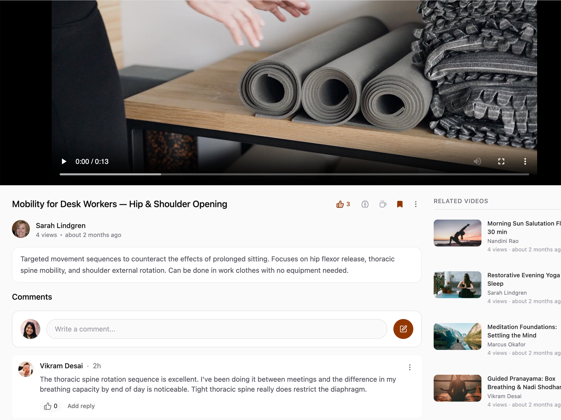 Watching a video: the player, its description, members' comments, and related videos beside it