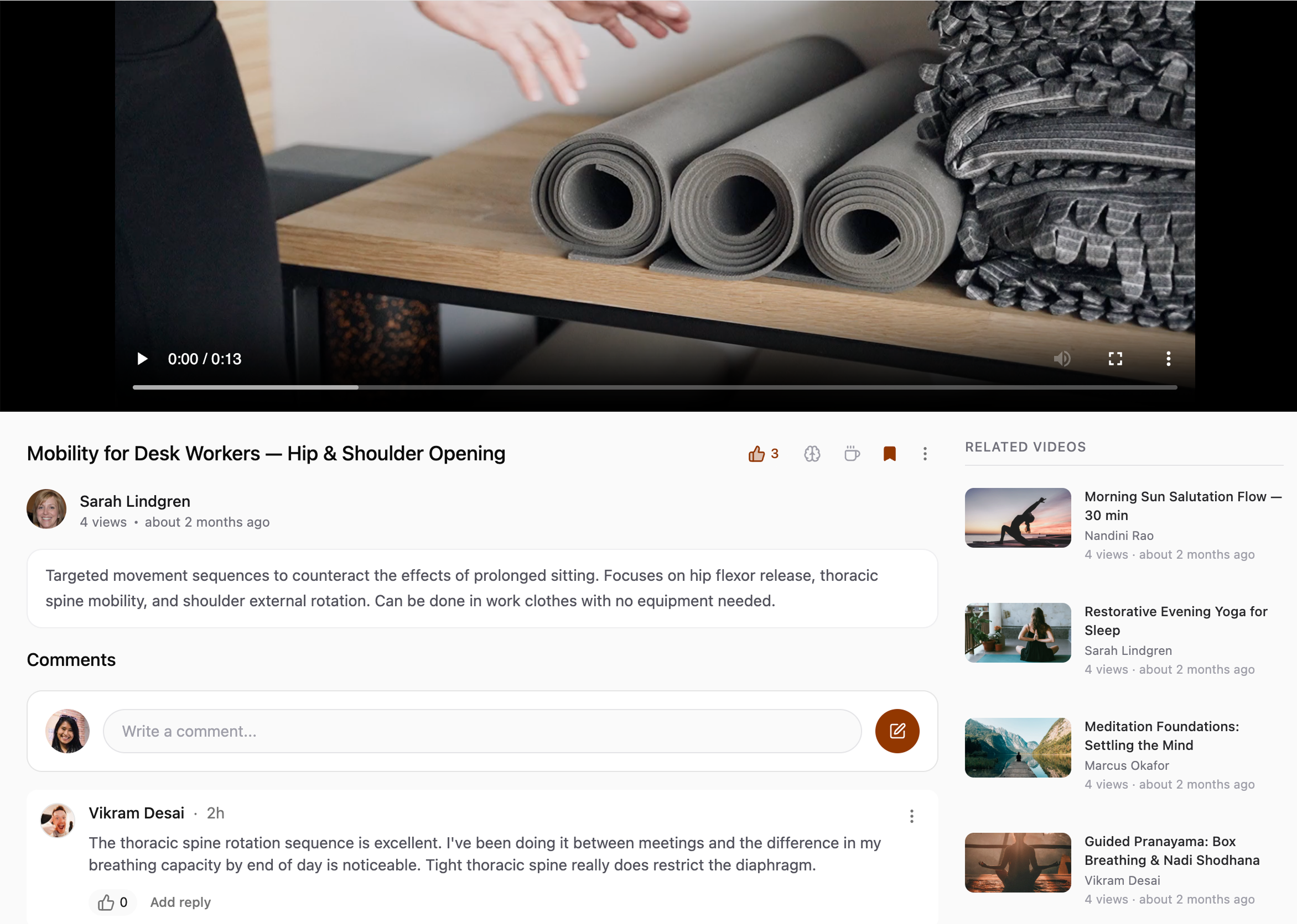 Video detail page with comments and related videos